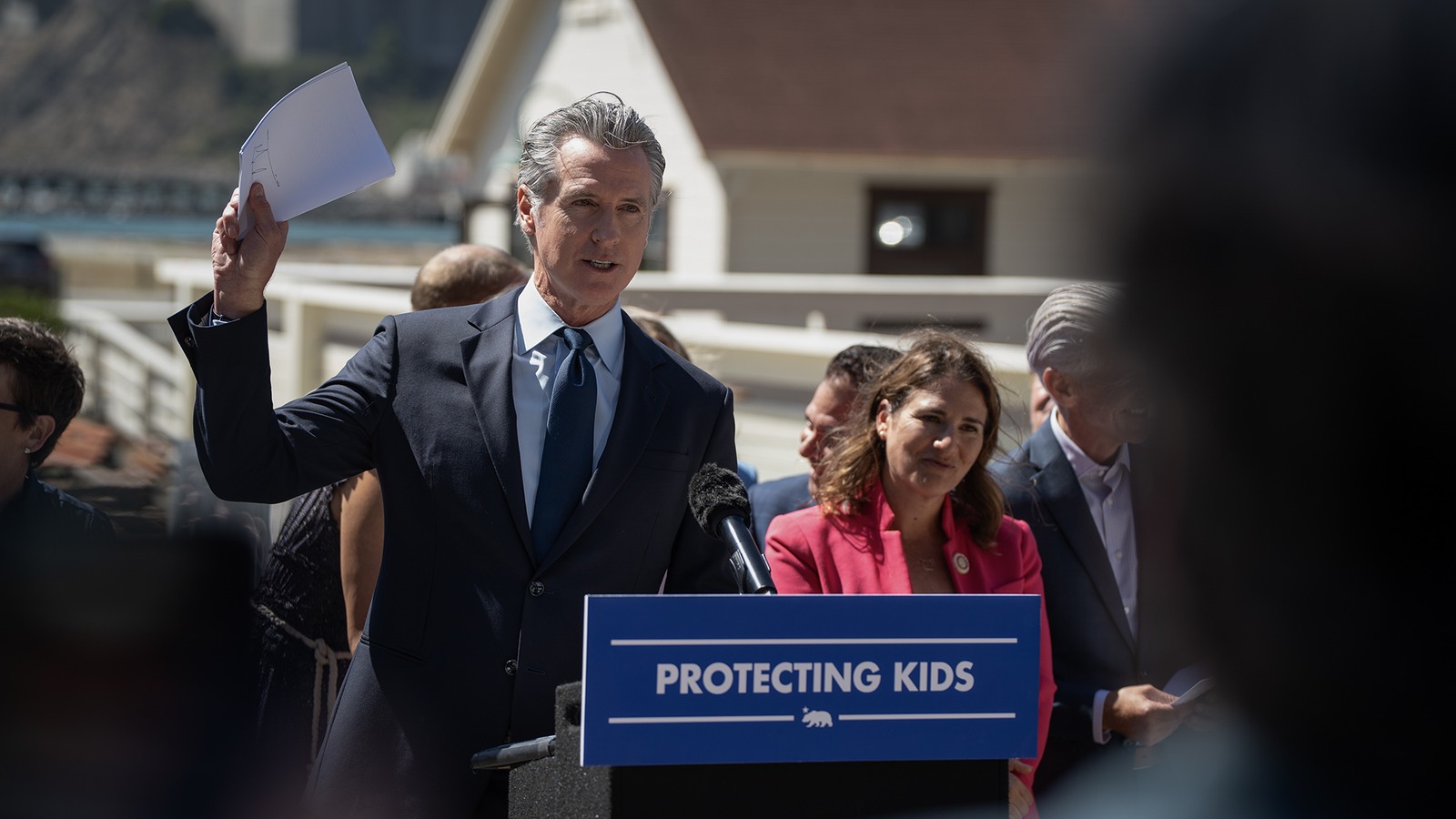 Gov. Gavin Newsom speaking at a Sept. 10, 2026, Bay Area press conference on kids-tech bills; lead art for California EO N-9-26 frontier AI oversight coverage