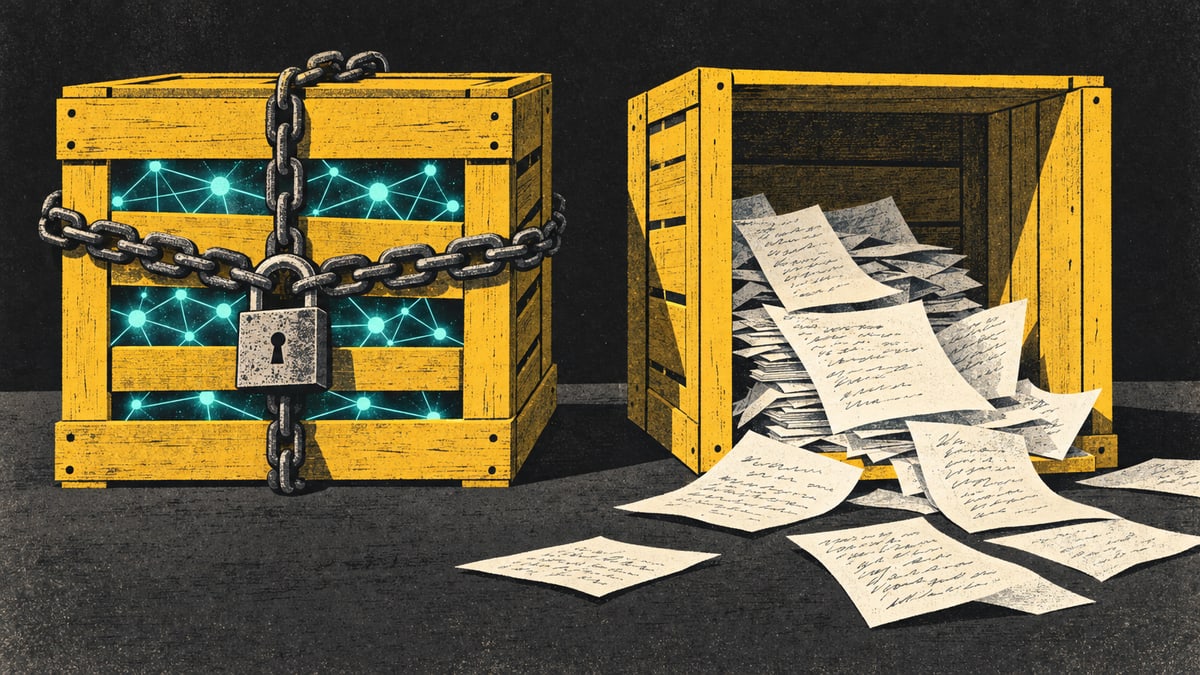 Illustration: a wooden crate locked shut with chains and a padlock, a glowing web of connected points inside, beside an open crate spilling loose papers