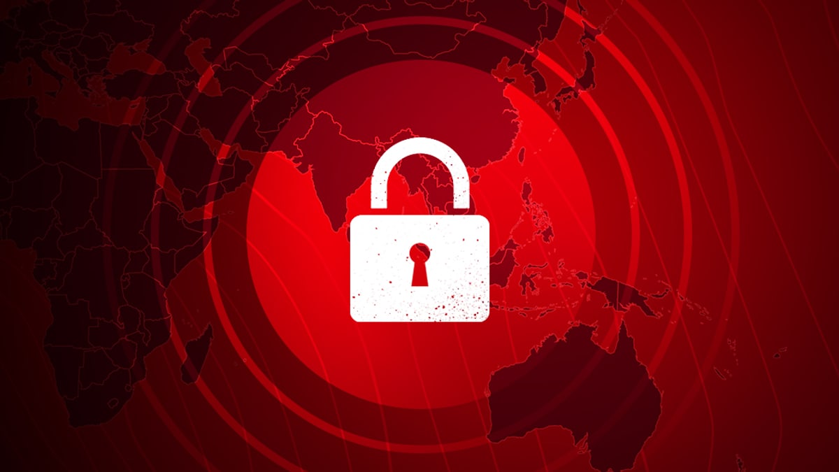 CrowdStrike illustration of a white padlock over a red map of Asia and Australia, with rings spreading out from the center