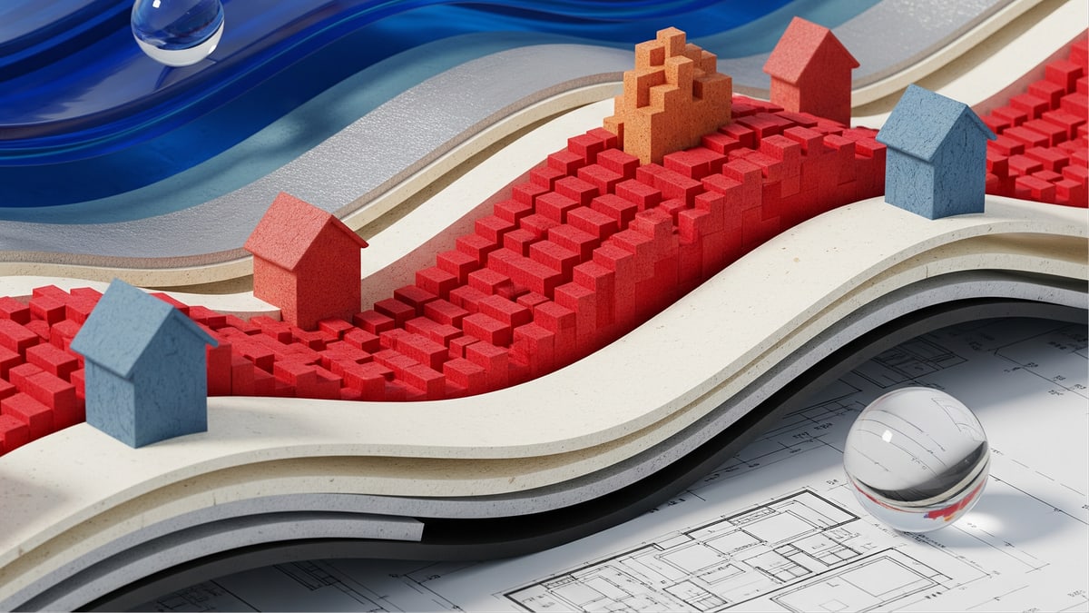 Google DeepMind illustration of small model houses on layered ground above architectural plans