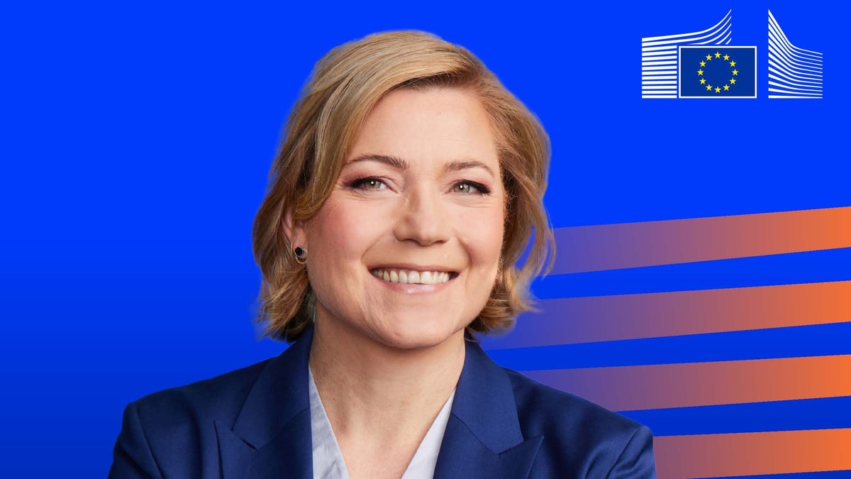 Henna Virkkunen, Executive Vice-President of the European Commission, smiling in a portrait on a blue background with the Commission logo