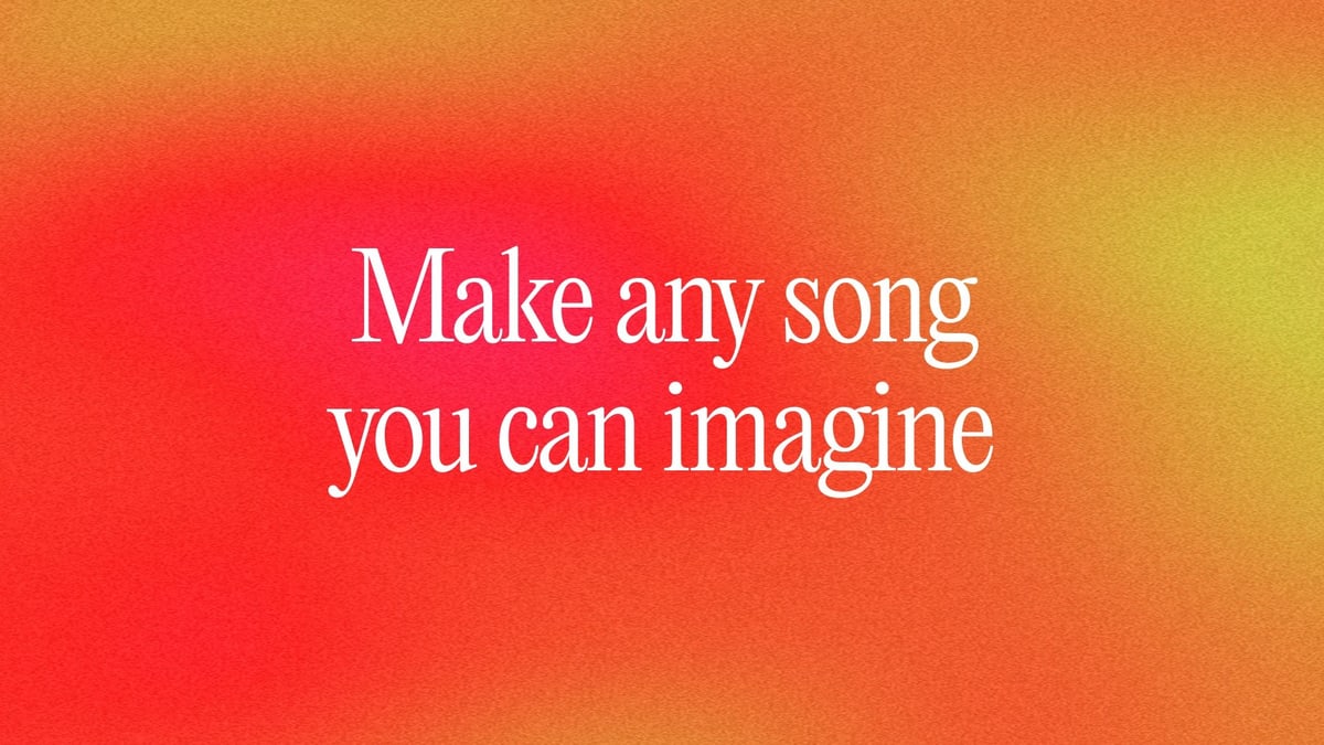 Suno's preview card with the words "Make any song you can imagine" in white on an orange and red background