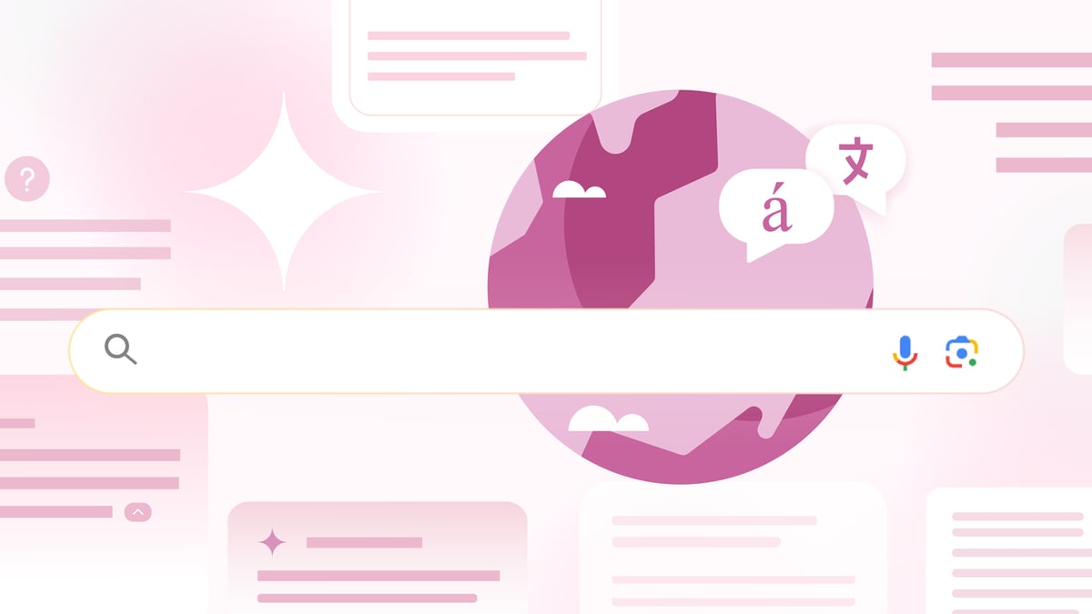 Google illustration of a search bar over a globe and pages of text, from its AI Overviews announcement