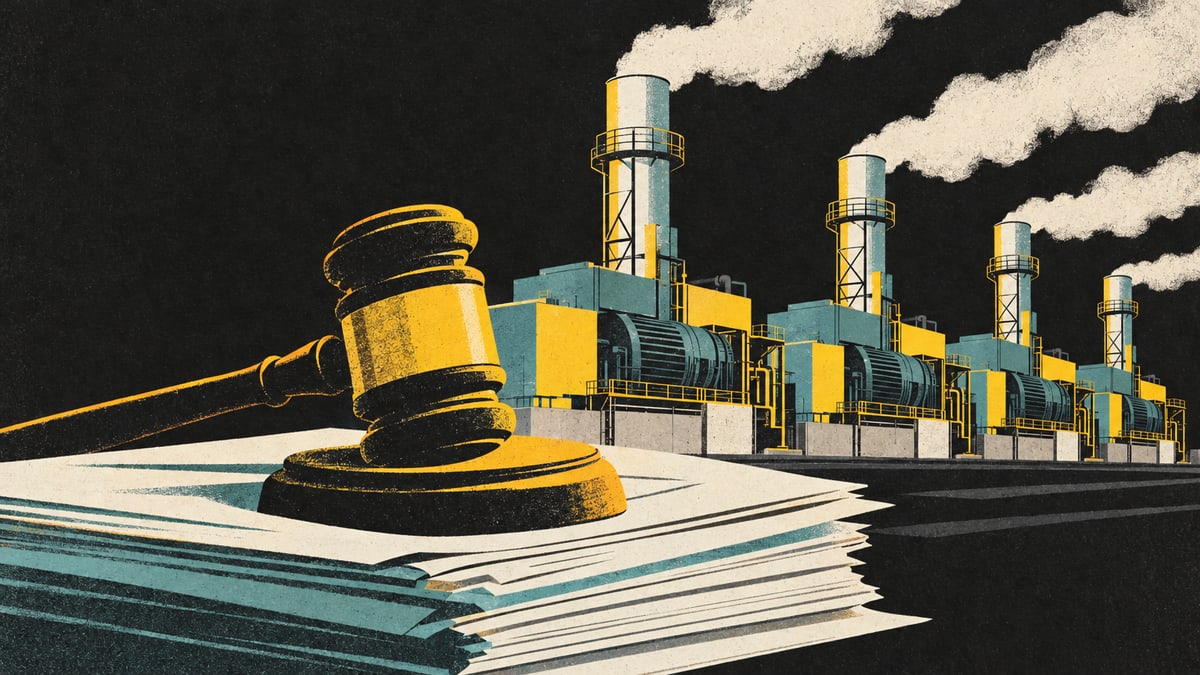 Illustration: a gavel resting on a stack of legal papers in front of a row of gas turbines with smoking exhaust stacks