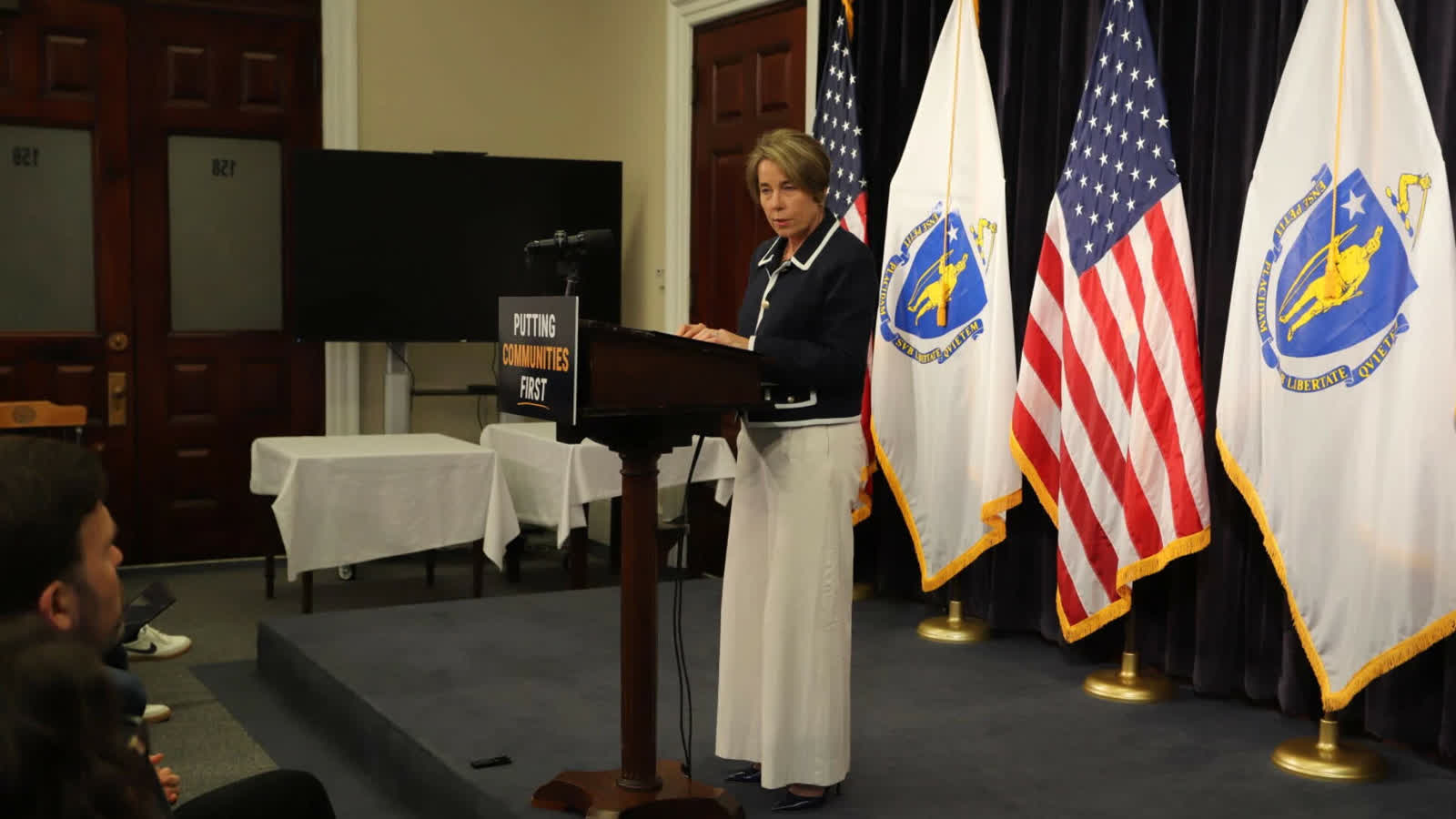 Gov. Maura Healey speaking at a Sept. 8, 2026, State House press conference on Executive Order 658 for data-center development