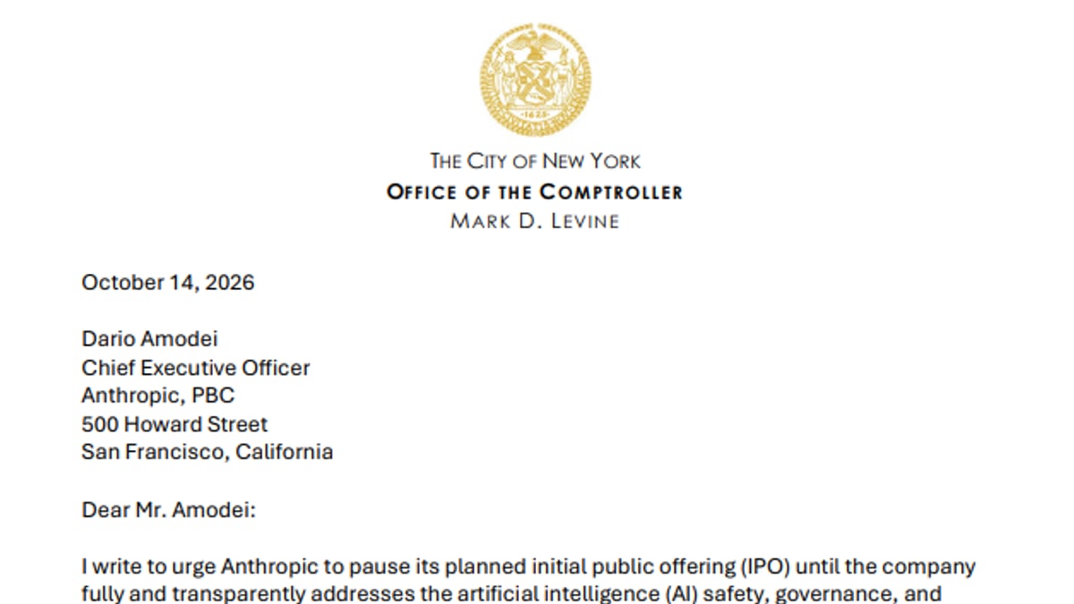 The top of New York City Comptroller Mark Levine's Oct. 14, 2026 letter to Anthropic chief executive Dario Amodei, urging Anthropic to pause its planned initial public offering