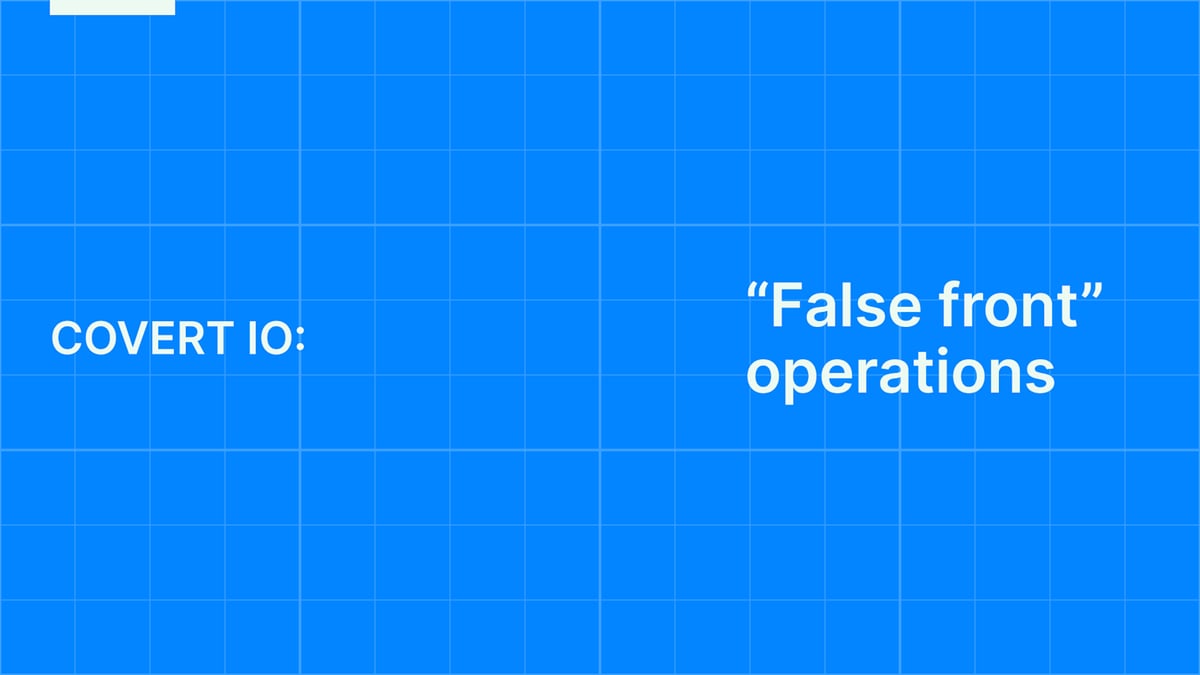 OpenAI title card reading "Covert IO: False front operations" in white on a blue grid