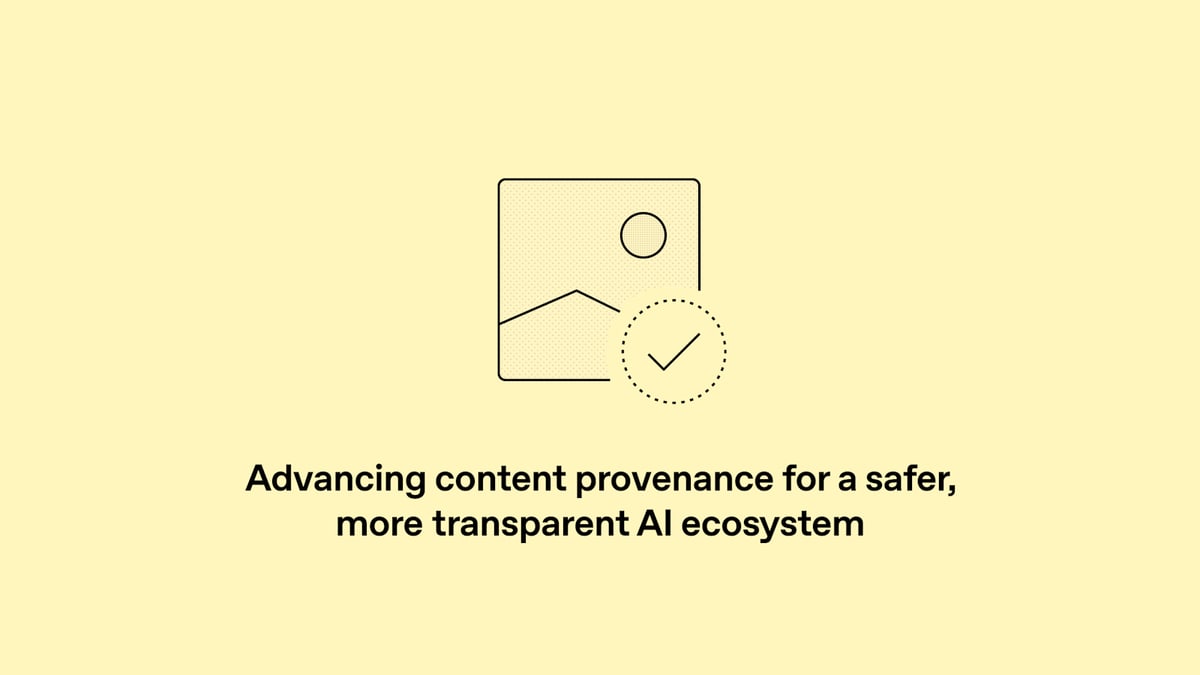 OpenAI illustration of a picture frame with a check mark, titled "Advancing content provenance for a safer, more transparent AI ecosystem"