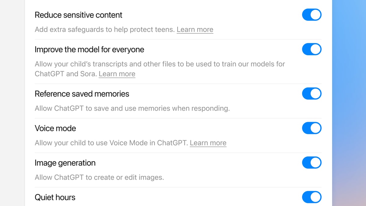 ChatGPT's parental control settings for a teen's account, with switches for reducing sensitive content, voice mode, image generation and quiet hours