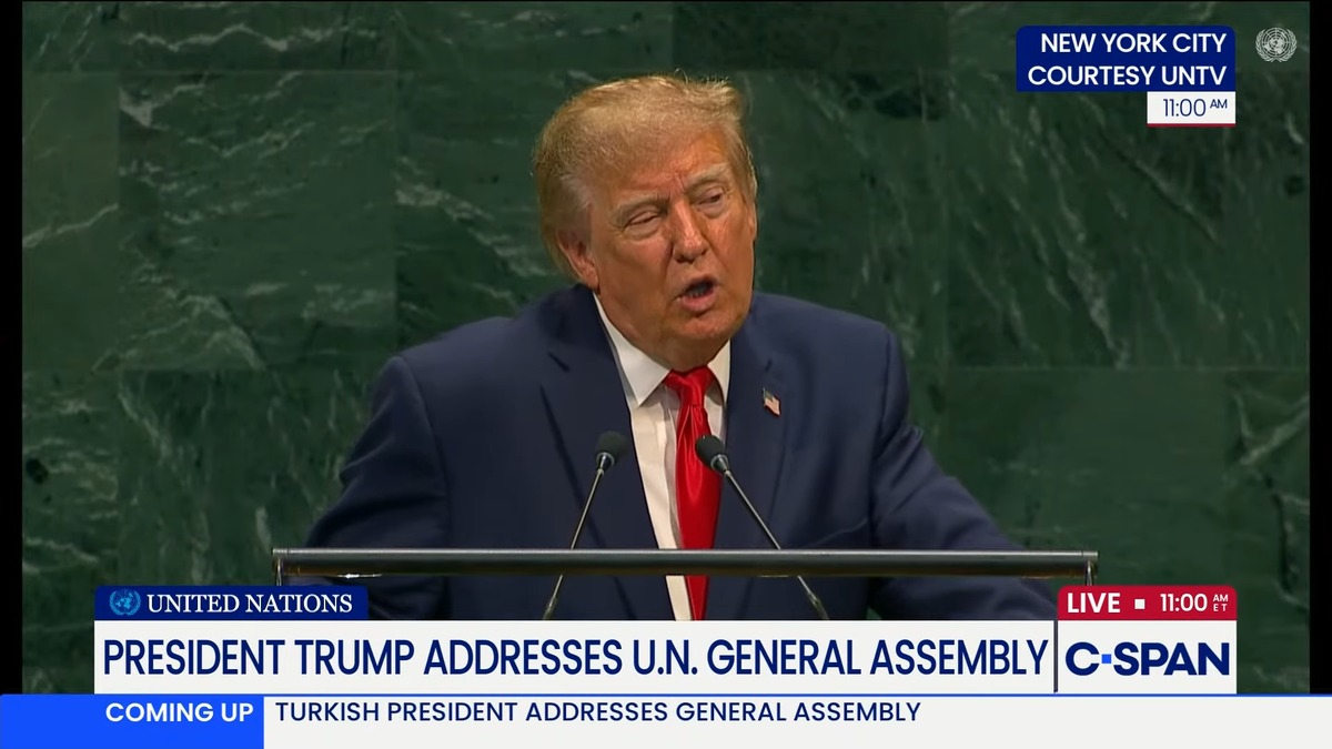 President Donald Trump speaking at the United Nations General Assembly podium