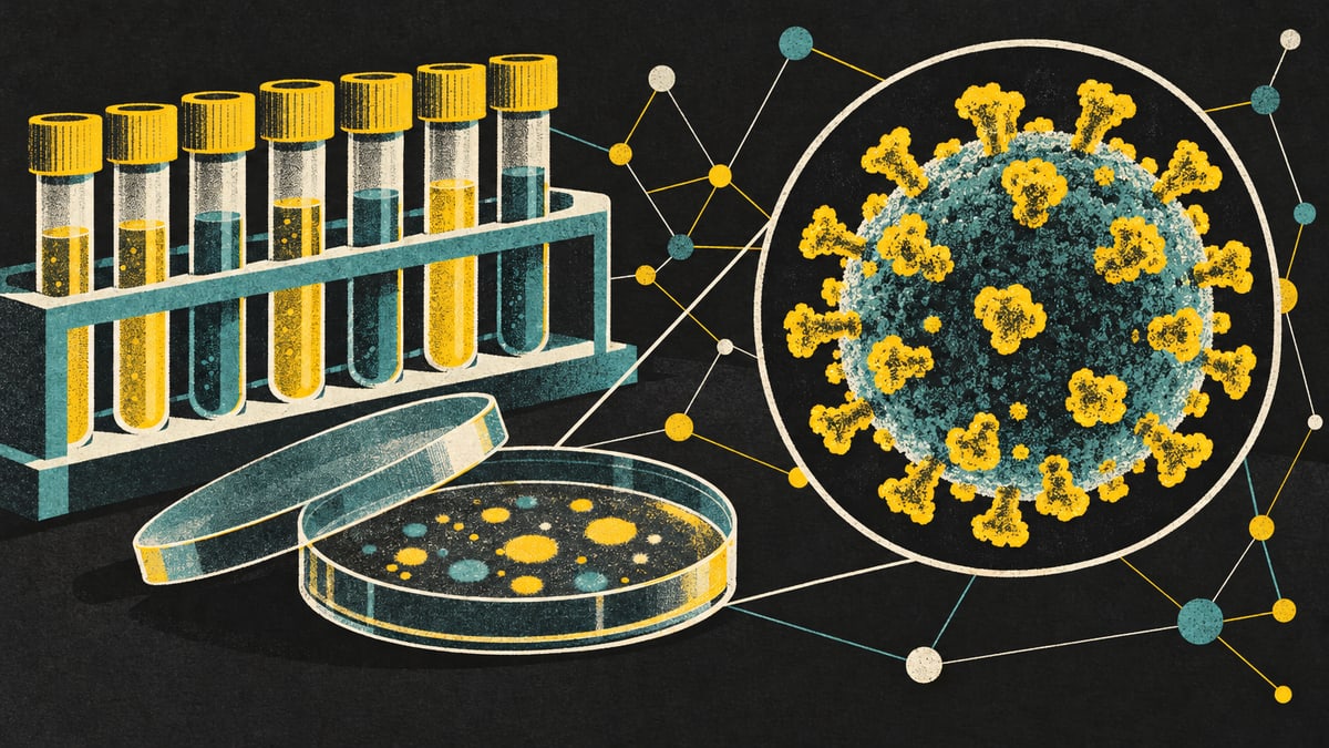 Illustration: a rack of lab sample tubes and an open petri dish beside a magnified virus particle, linked by a network of dots and lines