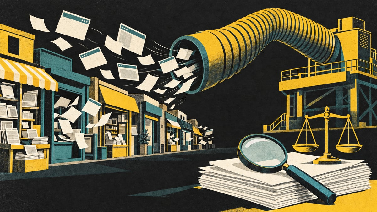 Illustration: a giant machine's hose sucks blank pages and web page windows out of a row of small shops and newsstands, while a magnifying glass and balance scales rest on a stack of papers