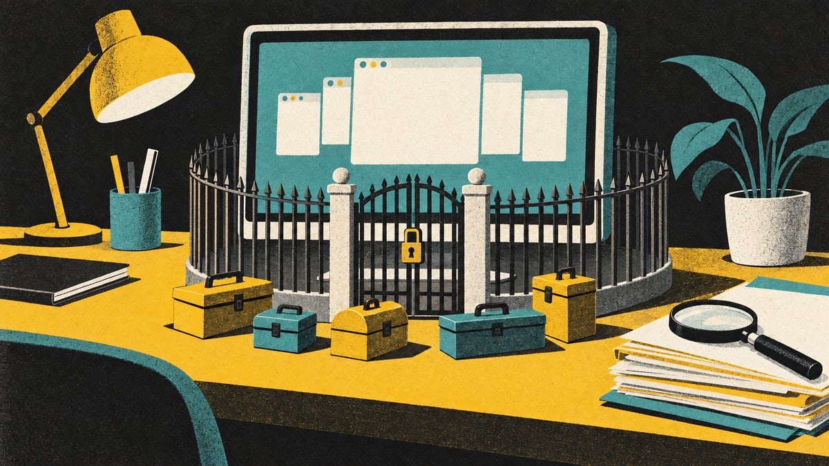 Illustration: a computer monitor of blank software windows behind a locked gate, with toolboxes of different shapes waiting outside and a magnifying glass on a stack of papers