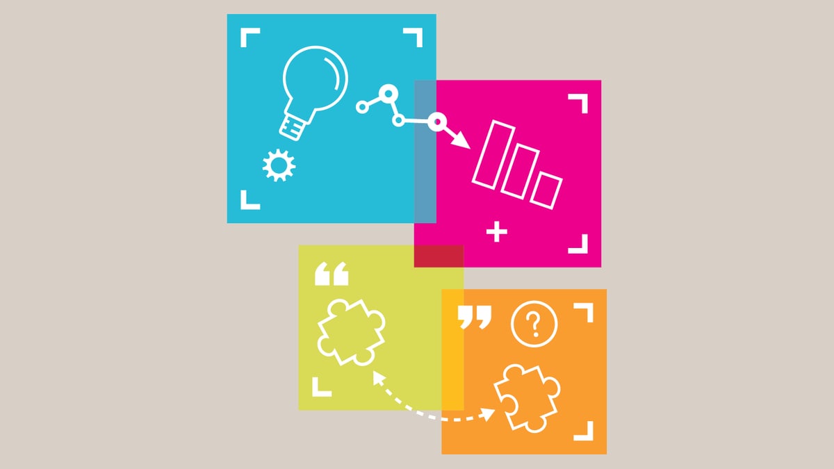 ICO illustration of four overlapping colored squares with a light bulb, a bar chart, quotation marks and puzzle pieces