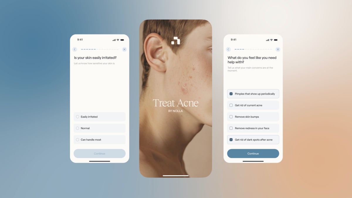 Three phone screens from Nolla's acne app: two screens of questions about the user's skin, and a start screen reading Treat Acne by Nolla over a photo of a face in profile
