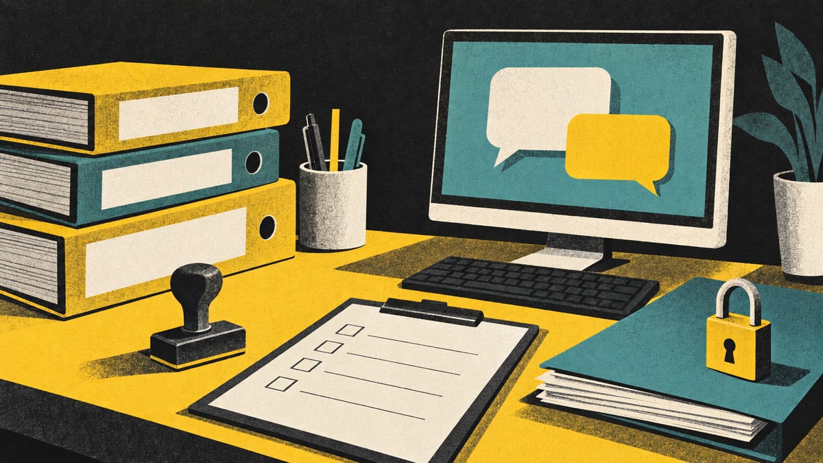 Illustration: an office desk with stacked binders, a rubber stamp, an empty checklist, a locked folder and a computer screen showing chat bubbles