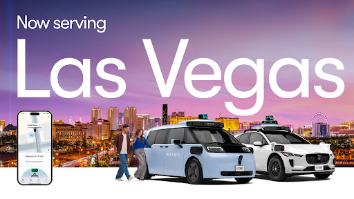 Waymo announcement still showing Ojai and Jaguar robotaxis with Las Vegas Strip skyline and Now serving Las Vegas text