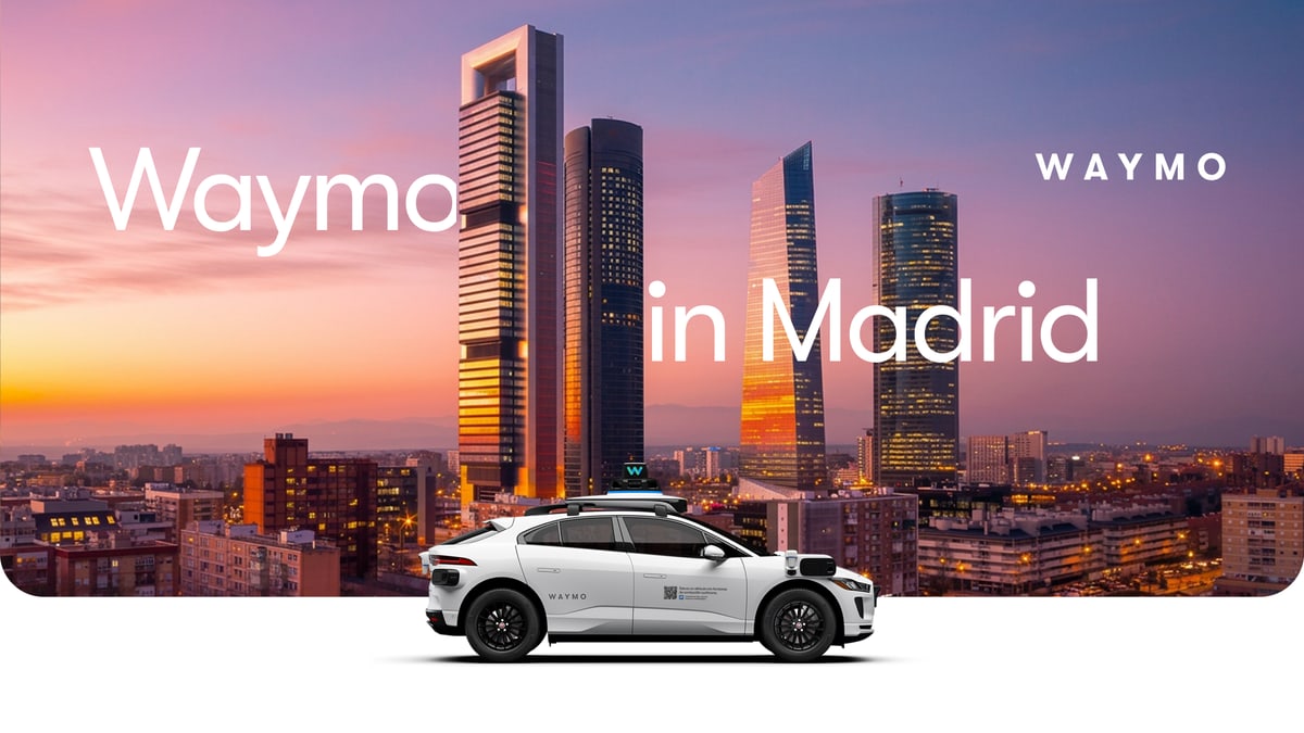 A Waymo graphic showing its white self-driving Jaguar against Madrid's Cuatro Torres skyscrapers at sunset, from Waymo's announcement of its Madrid plans