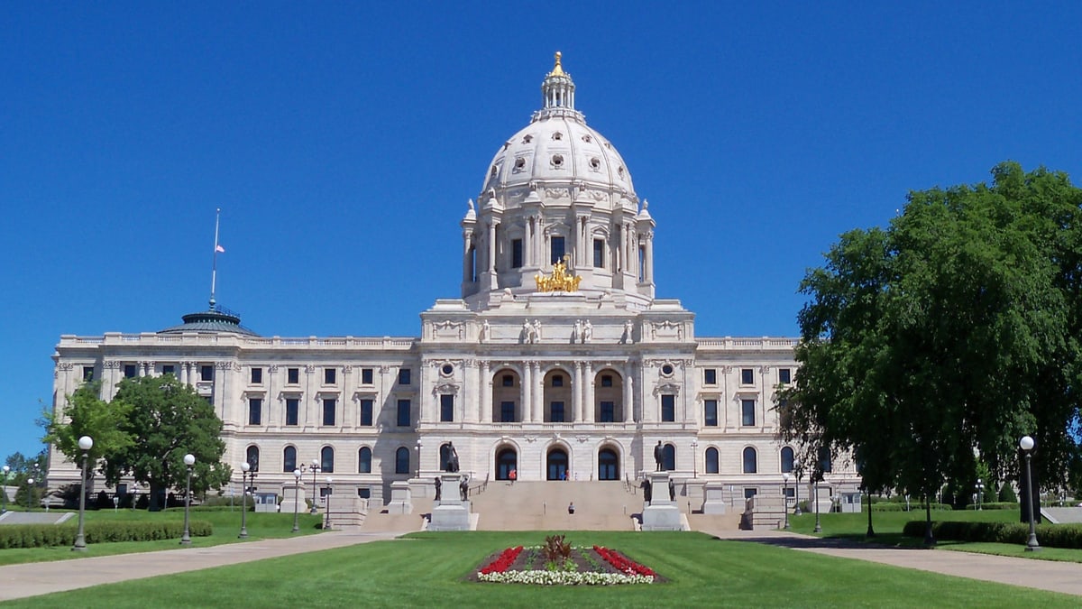 The Minnesota State Capitol in St. Paul under a clear blue sky