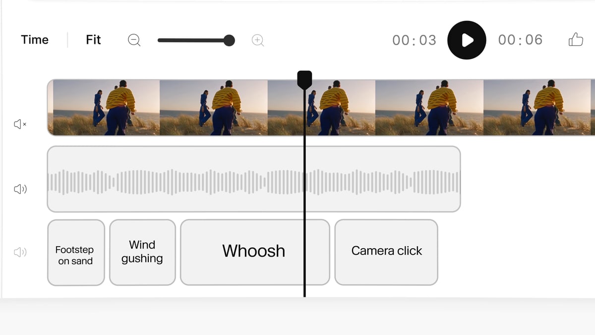 ElevenLabs' editor in its launch video: a beach clip above a music track and sound effects labeled footstep on sand, wind, whoosh and camera click
