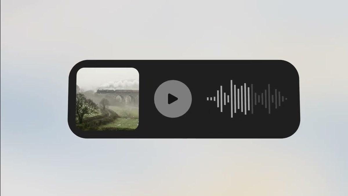 ElevenLabs' launch video: a sound clip player with a picture of a steam train crossing a stone bridge, a play button and a sound wave