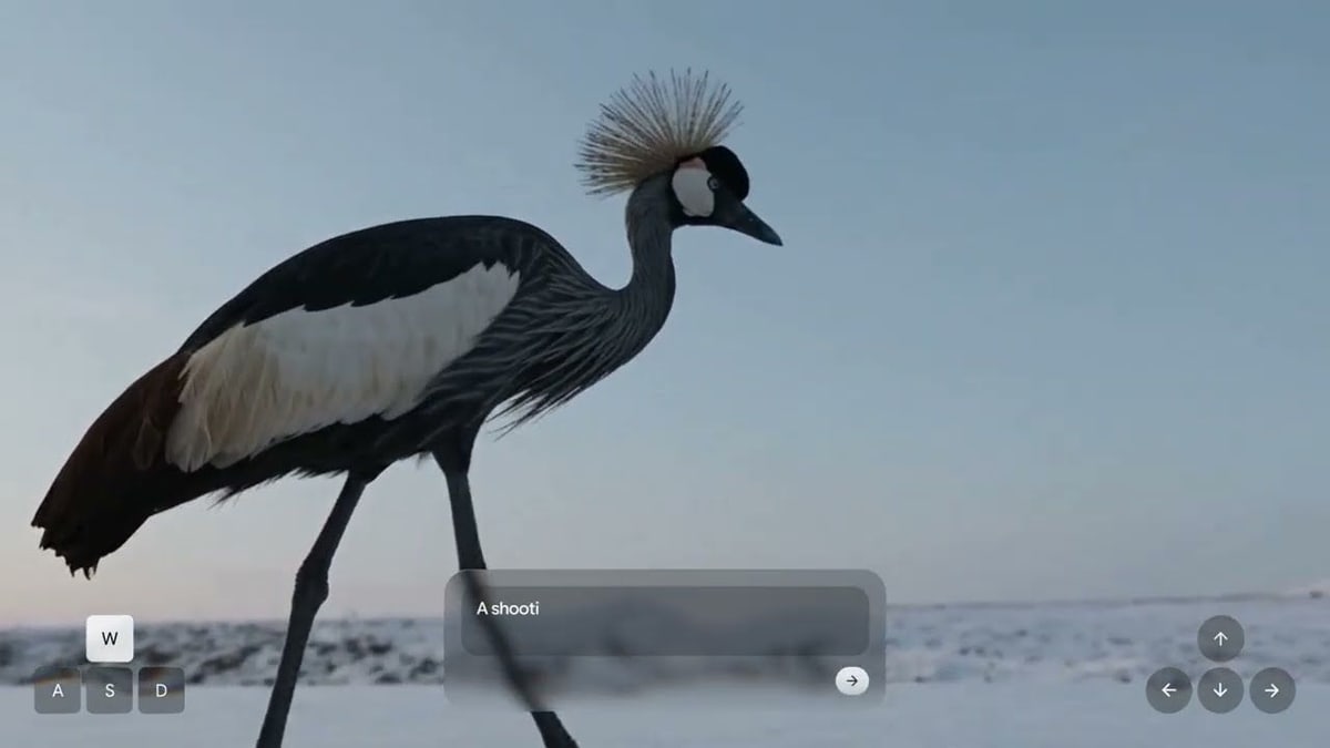 A crowned crane walking across snow under a dusk sky in a Genie 4 world, with keyboard controls and a text box on screen