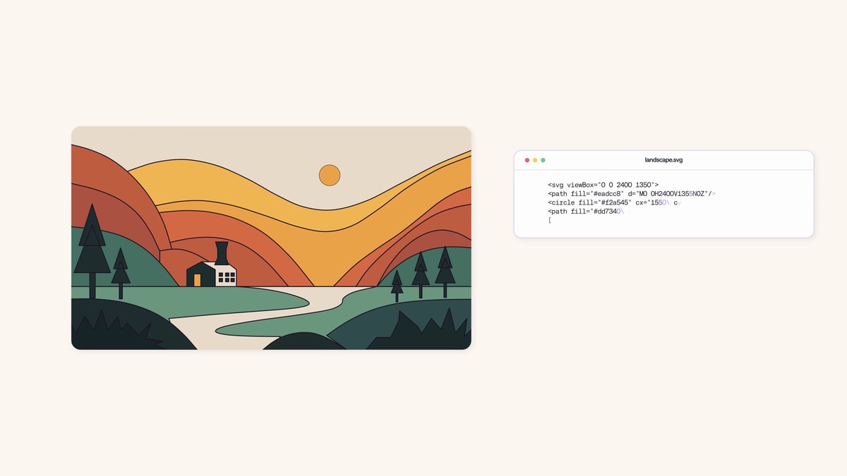 A flat illustration of orange and red hills, pine trees and a small house, beside a window showing the start of its SVG code