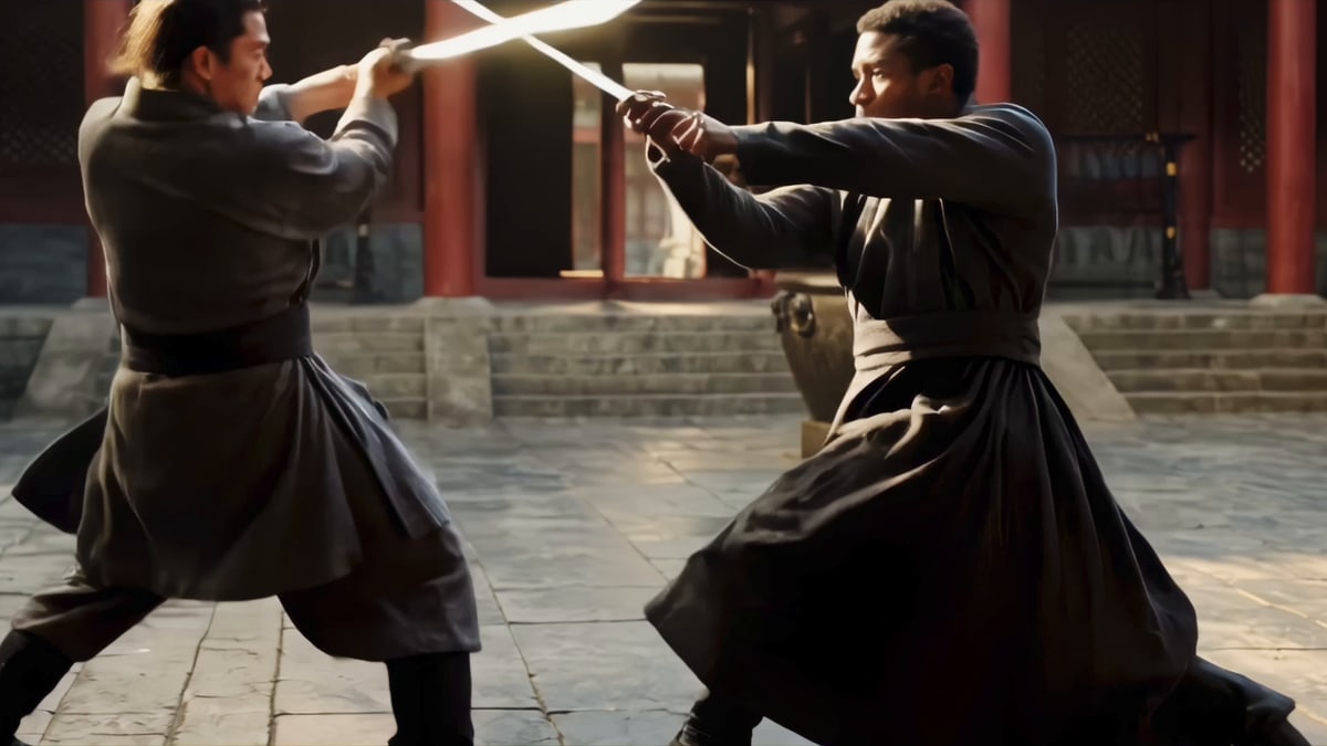 Two sword fighters in dark robes clash in a temple courtyard, in a scene from Kling AI's Kling 4.0 launch video