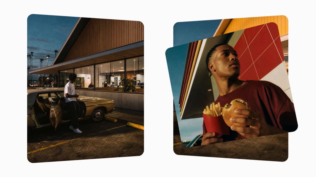 Two takes on the same roadside diner scene, a wide dusk shot of a man by an old car and a low-angle close-up of a man holding a burger and fries, from Magnific's launch video