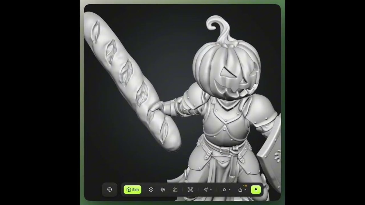 A gray 3D model of a knight with a carved pumpkin for a head, holding a long loaf of bread, inside Meshy's editor with its Edit button lit