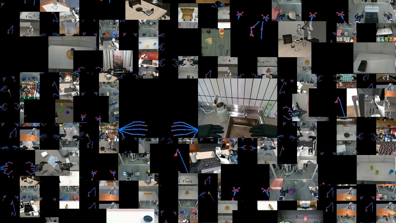 Pelican-Sim 1.0 hero dexterous-hand mosaic still from the X-Humanoid project page: action-conditioned world-model simulator across robot embodiments