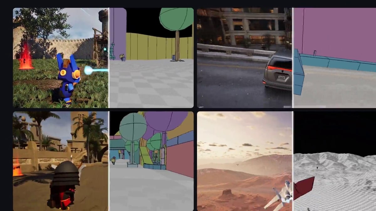 Four game scenes, each split between the AI's detailed version and the plain blocky original: a castle, a city street, an ancient Egyptian town and a fighter jet over red desert hills
