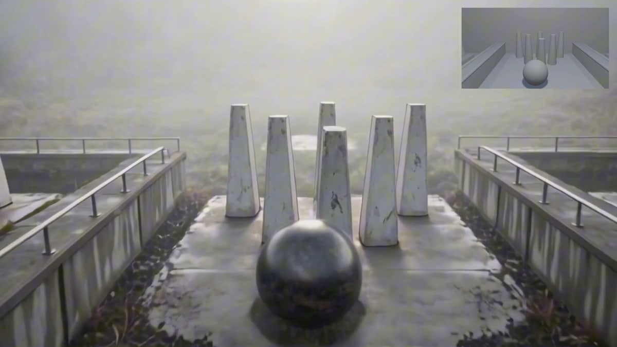 A dark stone ball in front of six weathered, tapered white posts on a misty walkway with railings, with the plain gray blocky original in a small box at the top right