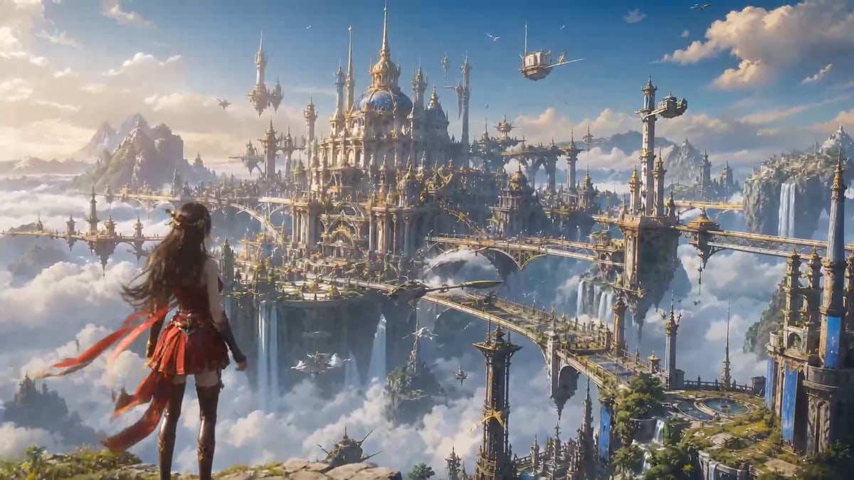 A woman in a red outfit stands on a grassy cliff looking out at a city of golden towers and bridges floating above the clouds, with airships overhead, a scene made with Vidu Q4