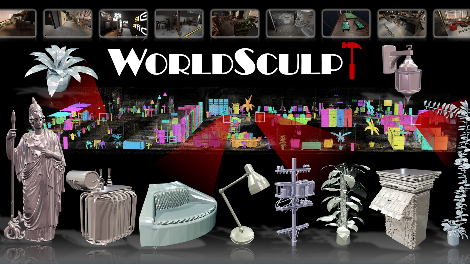 WorldSculpt project teaser showing compositional editable object meshes in a shared world frame