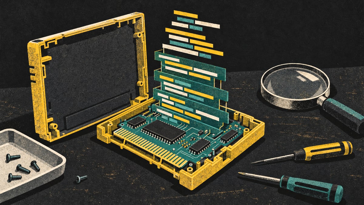 Illustration: an opened video game cartridge on a workbench, its circuit board rising into stacked rows of colored bars like lines of code, beside a magnifying glass and two screwdrivers