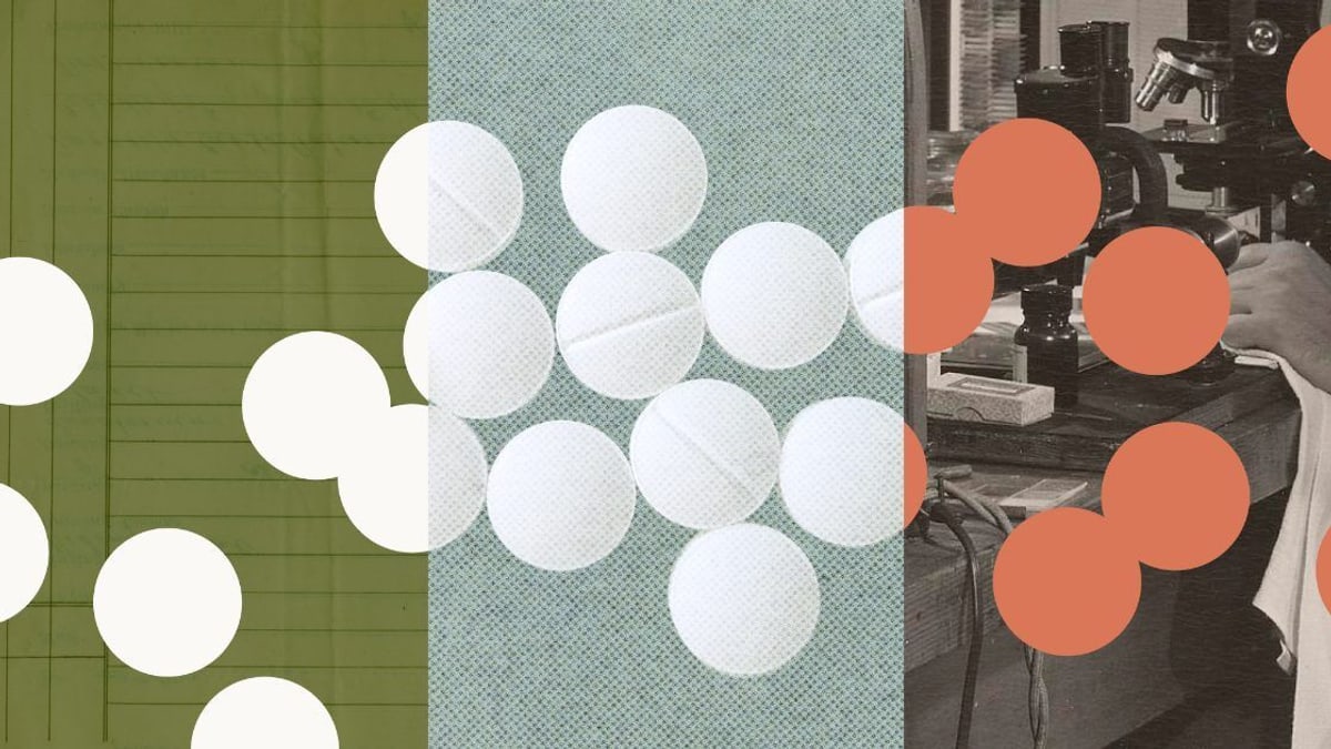 Anthropic illustration of white pills over three panels: a ledger page, a halftone texture and an archival photo of a lab bench with microscopes
