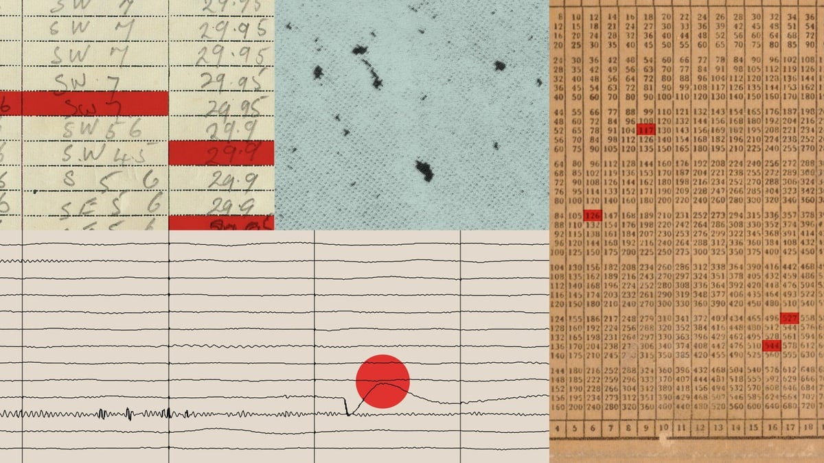 Anthropic illustration of old handwritten records, a number table and a seismograph-style trace, with entries marked in red