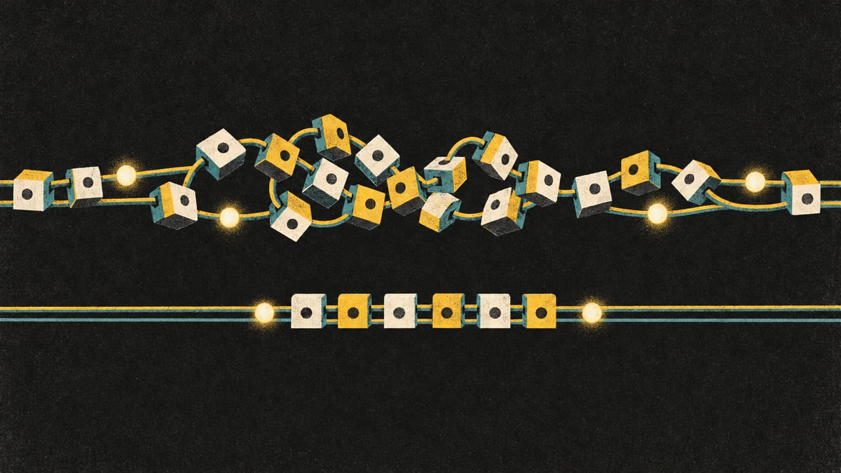 Illustration: a long, tangled knot of small switch blocks strung along two wires above a short, tidy row of the same blocks on the same wires