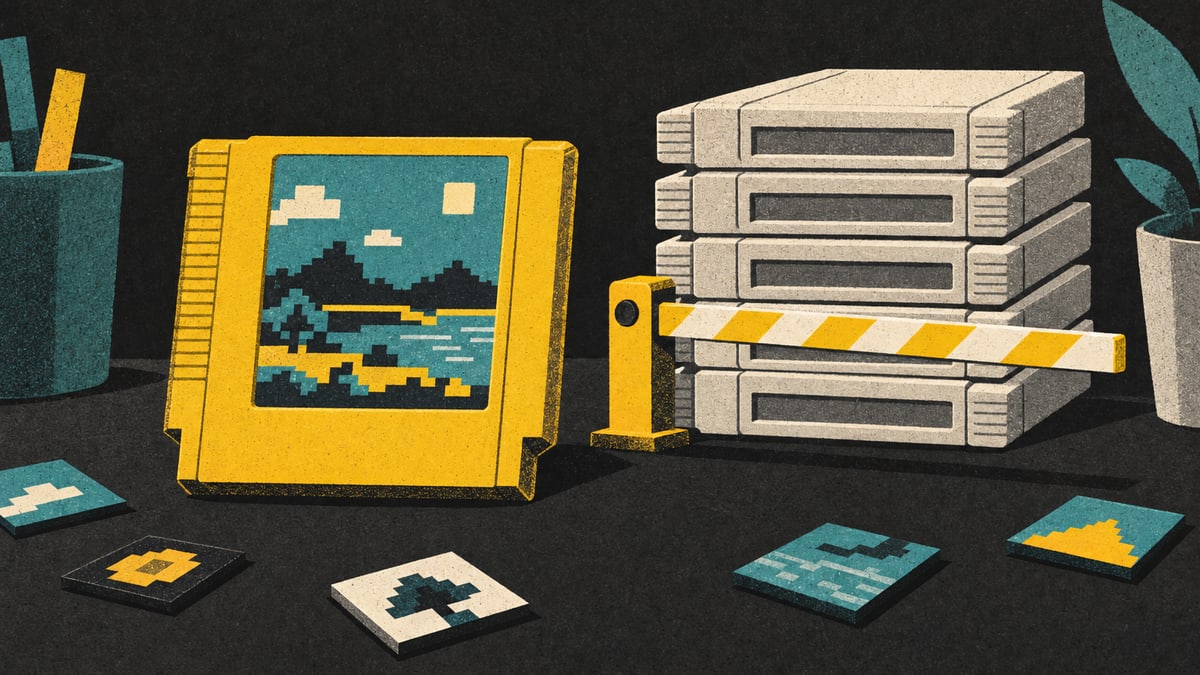 Illustration: a yellow game cartridge beside a stack of blank grey copies held back by a striped barrier gate, with pixel-art tiles on the desk