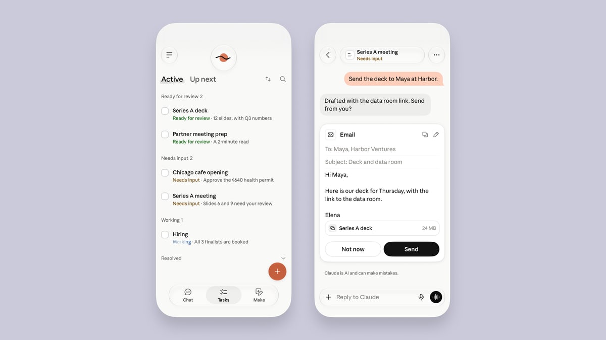Two phone screens from the Claude Duet app: a task list with items ready for review or waiting for input, and a drafted email with Not now and Send buttons