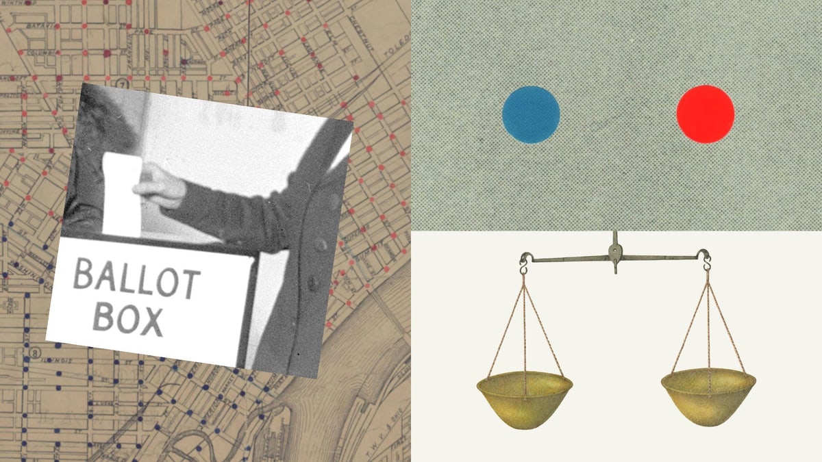 Anthropic illustration for its midterm elections post: a black-and-white photo of a hand dropping a ballot into a ballot box over an old city map, beside a blue dot and a red dot above a balance scale