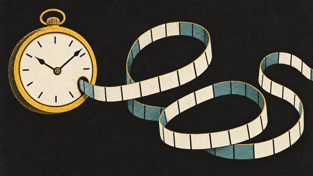 Illustration: a pocket watch feeding out a long ribbon of blank number tiles that loops into smooth curves