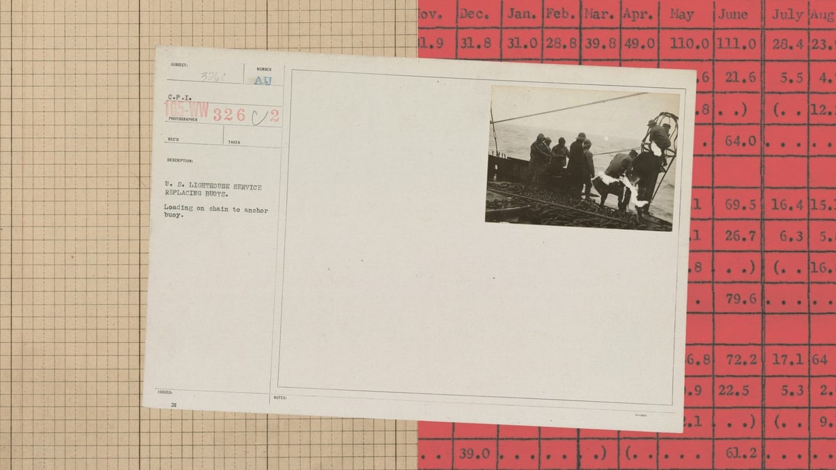 Anthropic illustration from the Cyber Mission announcement: an archival photo card of the U.S. Lighthouse Service replacing buoys, set over graph paper and a red table of figures