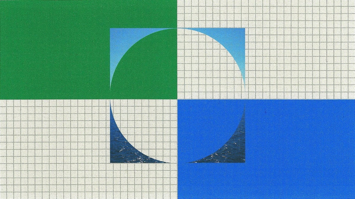 Anthropic's abstract illustration for its employment report: green and blue blocks and curved shapes on a grid