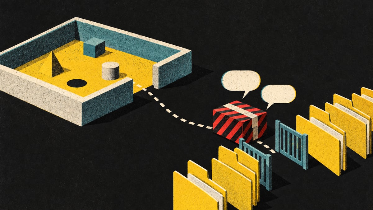 Illustration: a dashed path leads out of a walled test box to a parcel in red and black hazard stripes at the gate between rows of file folders, with two empty speech bubbles above it