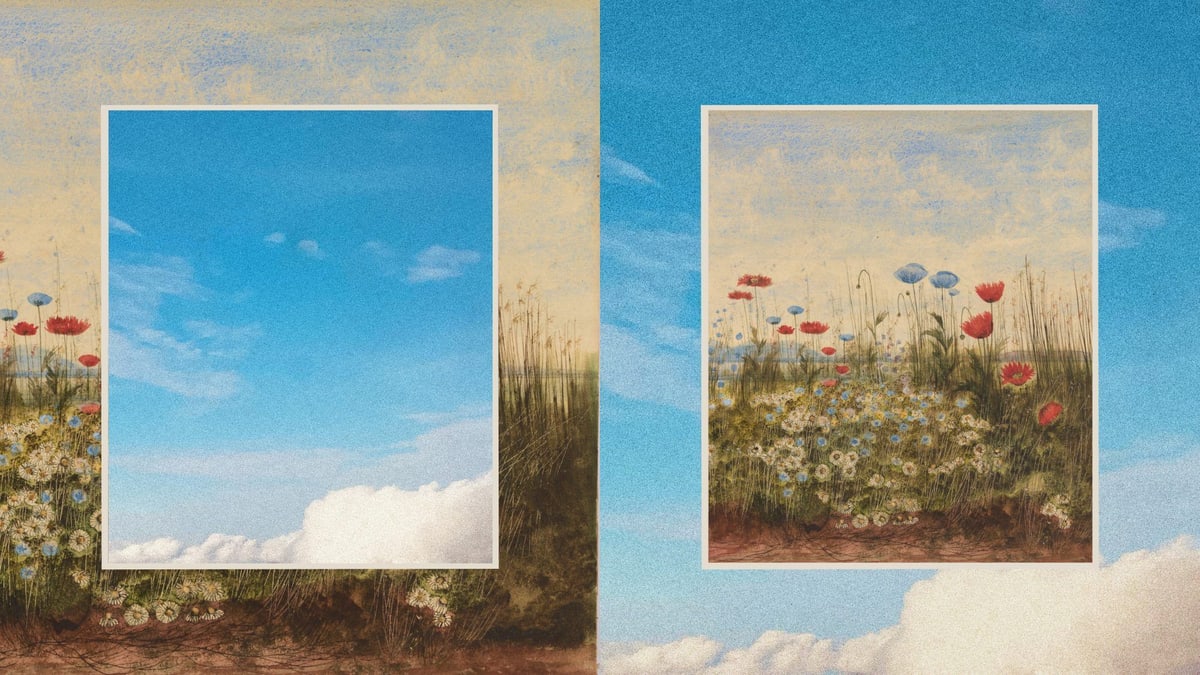 Anthropic illustration of two framed panels, one of blue sky and one of a meadow of poppies and daisies, set against a painted field and sky