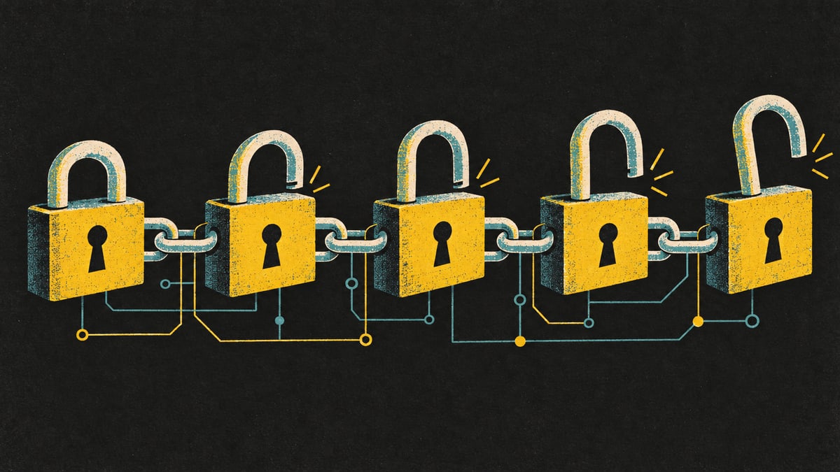 Illustration: a row of five padlocks linked by a chain, springing open one after another, with thin circuit lines running beneath them