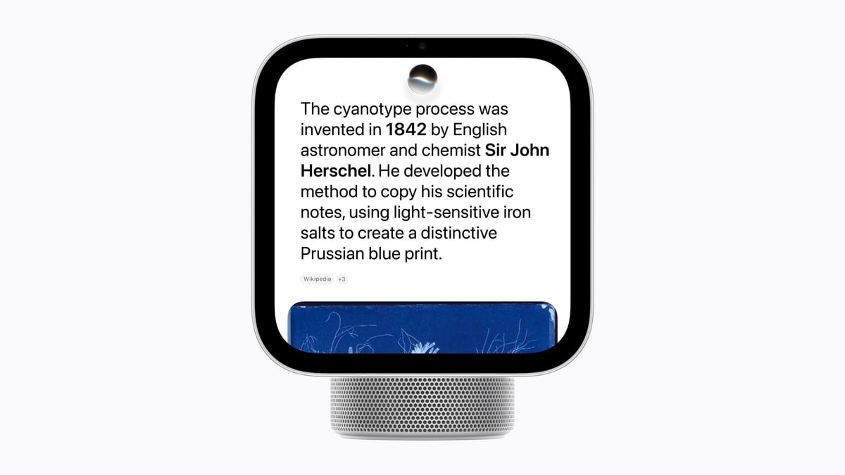 Apple's HomeView, a screen on a domed speaker base, showing a Siri AI answer about the cyanotype photo printing process