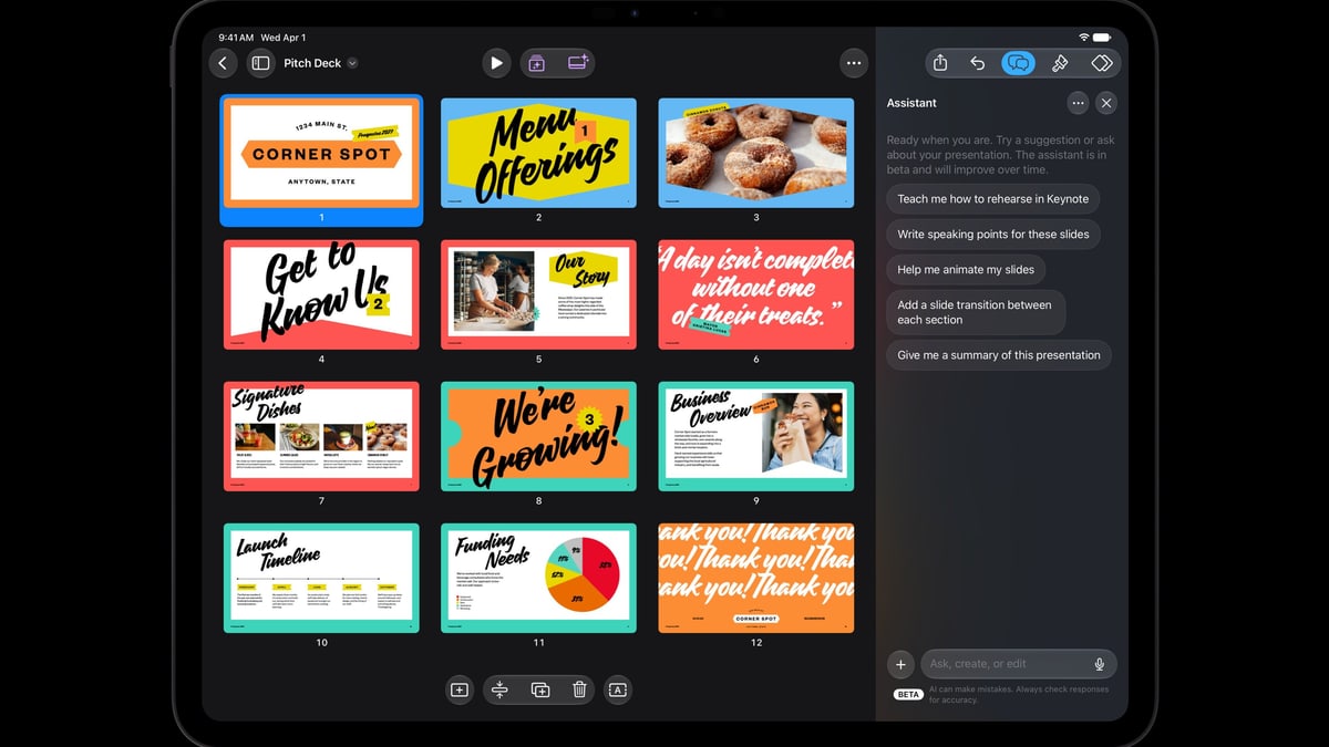 An iPad Pro showing a Keynote slide deck with the new Assistant panel open beside it, offering to write speaking points, animate slides or summarize the presentation
